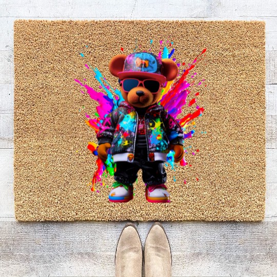 Watercolor Hip Hop Teddy Bear Colorful Splash Art Coir Doormats