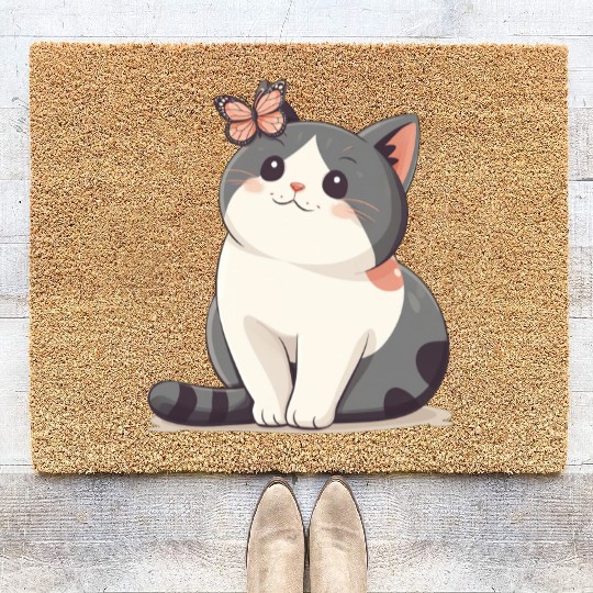 Cute Kawaii Cat and Butterfly Coir Doormats