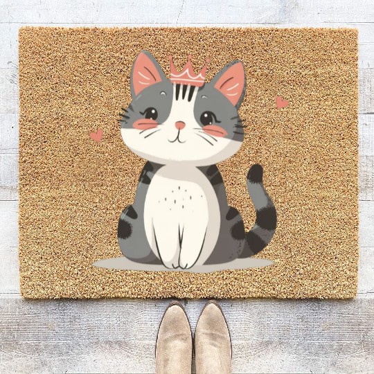 Kawaii Cat Queen and Hearts Coir Doormats