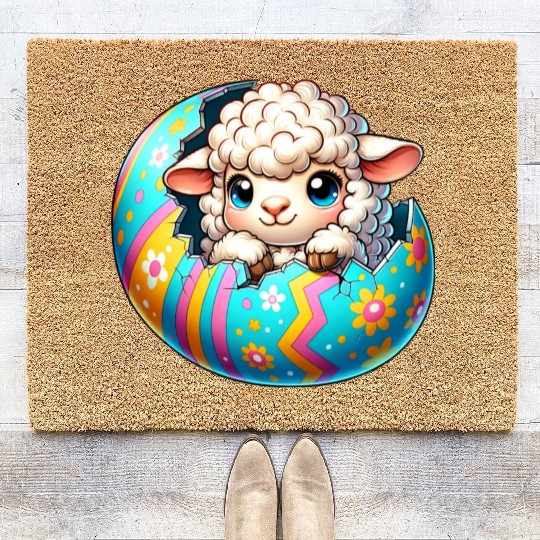 Colorful Lamb Hatching from Easter Egg Cartoon Coir Doormats