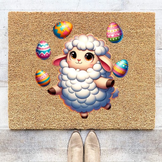 Colorful Easter Egg Juggling Lamb Cartoon Coir Doormats