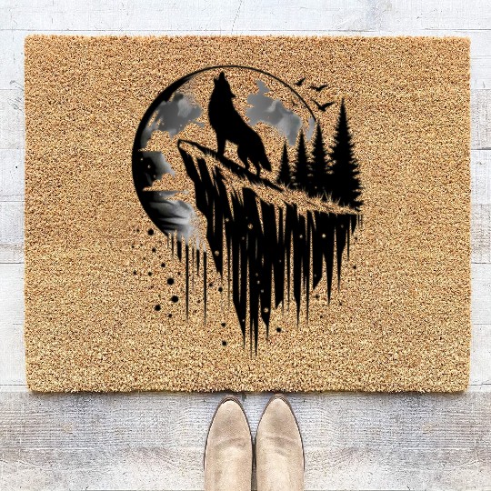 Howling wolf silhouette Coir Doormats