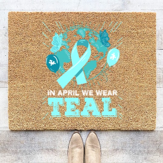 Sexual Assault Awareness Teal Ribbon With Cat Coir Doormats