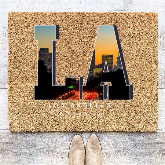 LosAngeles California LA Skyline Pride Black White Coir Doormats