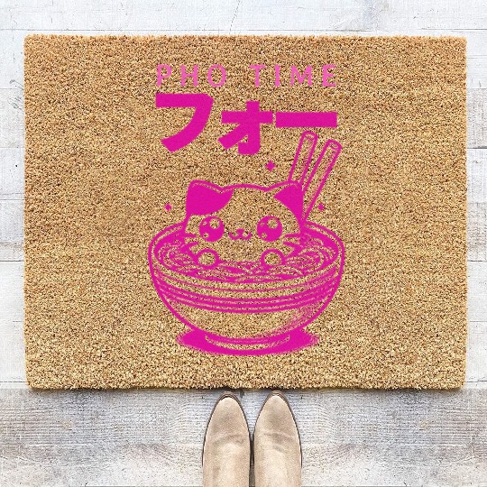 Pho Time Pink Cute Kitten in a Bowl Coir Doormats