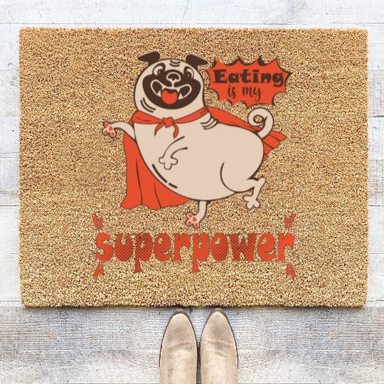 Eating is my superpower fat pug dog in red cloak Coir Doormats