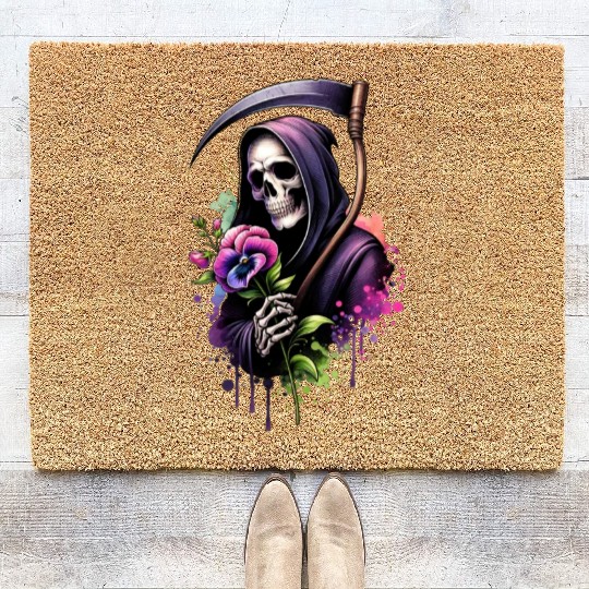Grim Reaper Holding Sweet Pea flower Coir Doormats