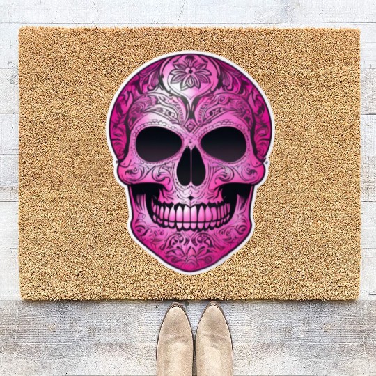 vintage tribal pink Mexican skull Coir Doormats