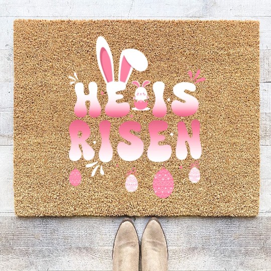 He Is Risen Easter Celebration Theme Bunny Eggs Coir Doormats