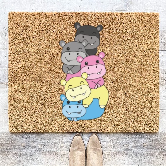 Polygender Flag Pride Lgbtq Cute Hippo Coir Doormats