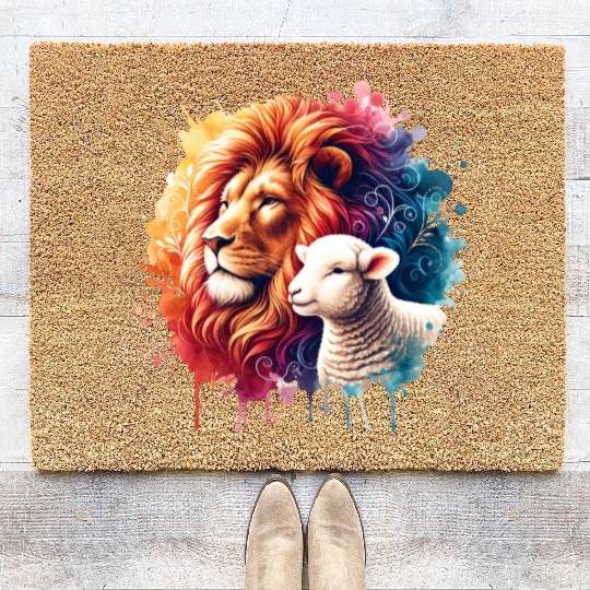 Lion and Lamb Christian Watercolor Design Coir Doormats