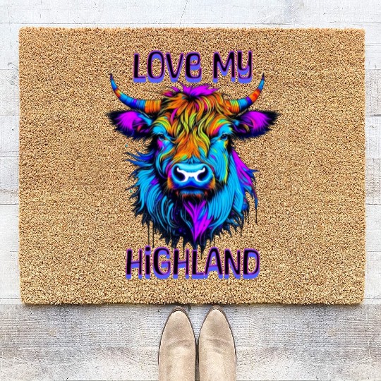 I Love My Highland | Psychedelic Cow Art Coir Doormats