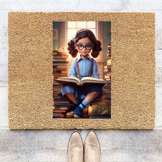 A sweet 5 year old girl wearing a light blue butto Coir Doormats