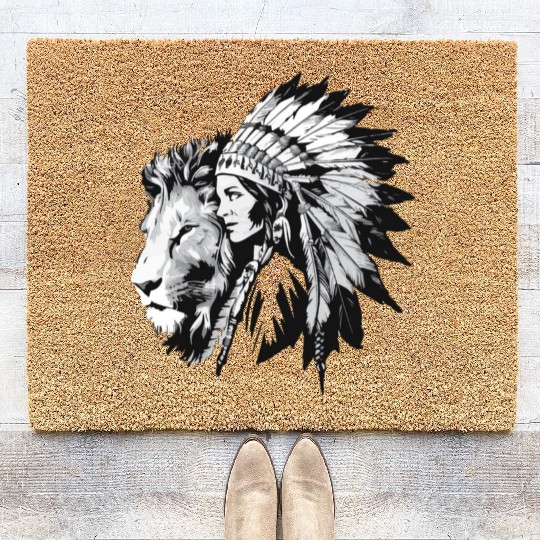 Native American woman and a majestic lion Coir Doormats