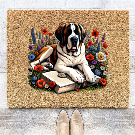 Wildflower St Bernard Reading Book Dog Puppy Lover Coir Doormats