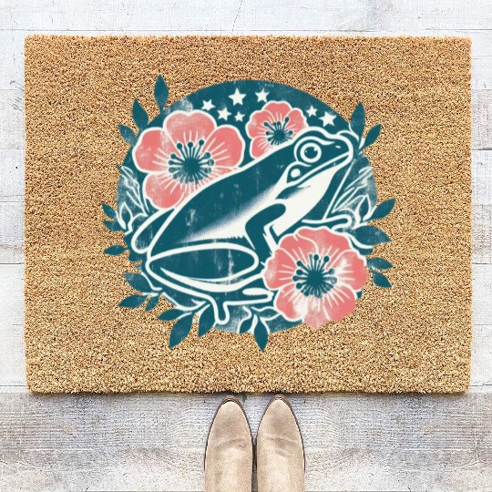 Vintage Frog and Flowers Amphibian Love in Nature Coir Doormats