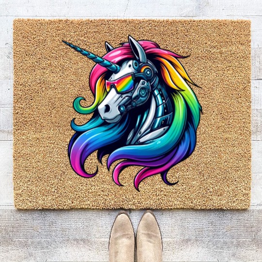 Cool Cyborg Unicorn Rainbow Coir Doormats