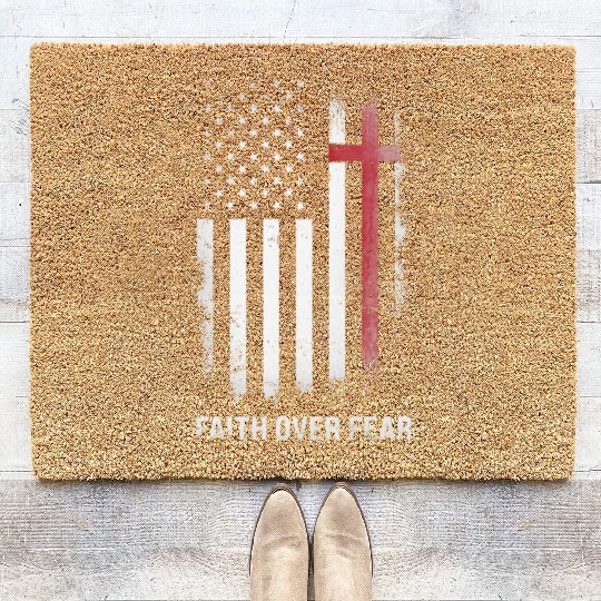 US USA Flag American Faith Over Fear Cross Coir Doormats