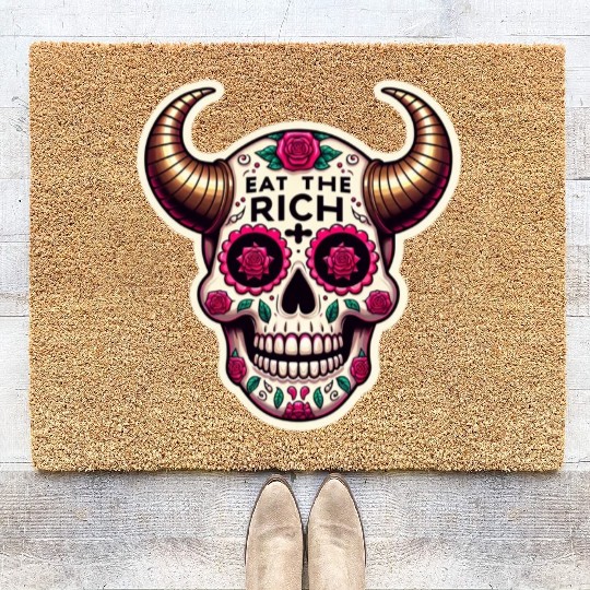 Horned Sugar Skull, eat the rich skull Coir Doormats