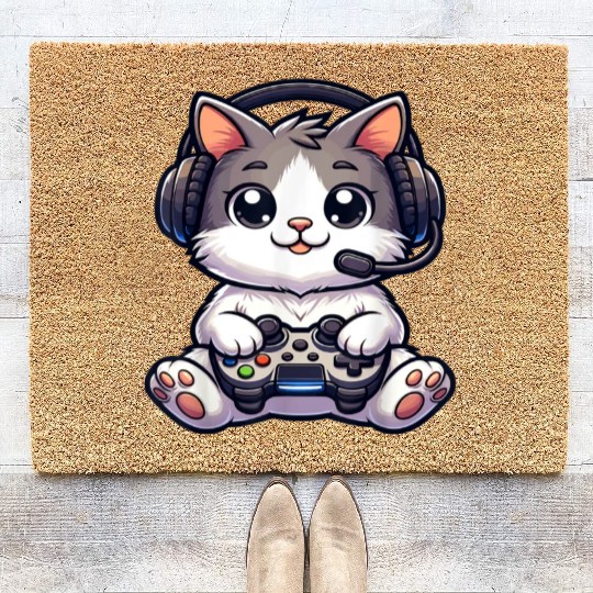 Cute Gaming Cat Playing Console Video Game Coir Doormats