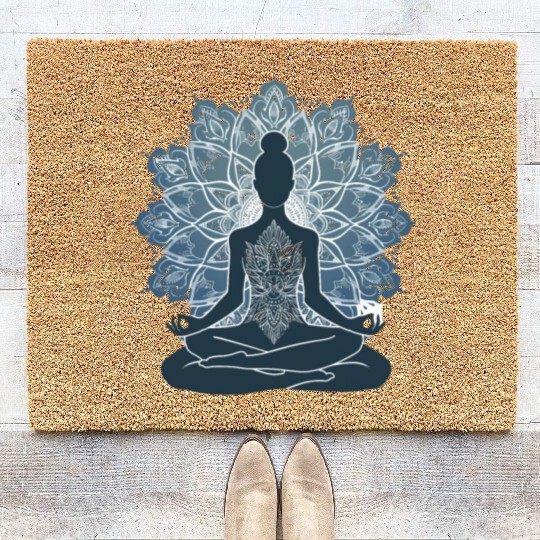 Serene Silhouette: Yoga Pose with Mandala Essence Coir Doormats