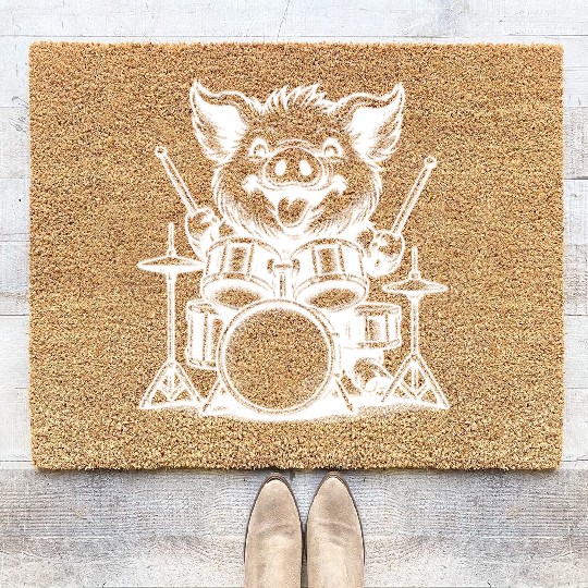 Pig Drummer Farm Beat White Design Coir Doormats