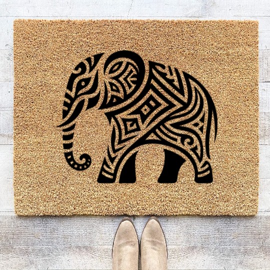 Elephant Tribal Art Tattoo With Big Ears Coir Doormats