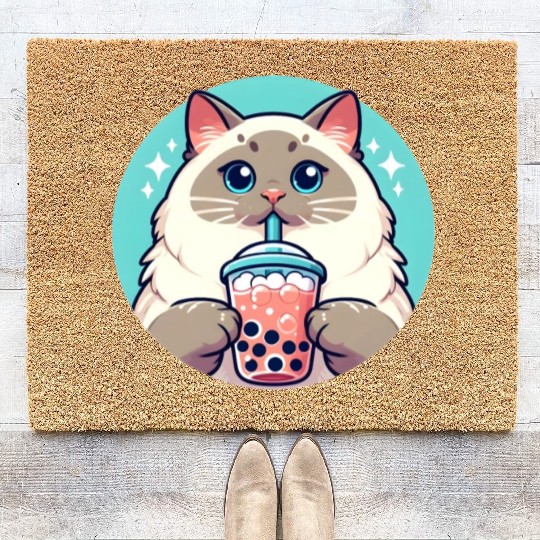 Siamese cat having bubble tea Coir Doormats
