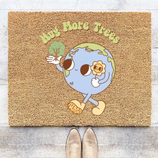 Hug More Trees Retro Earth Mascot Coir Doormats