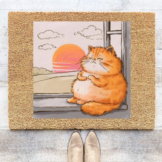 Chubby Orange Tabby Sleeping In Window at Sunset Coir Doormats