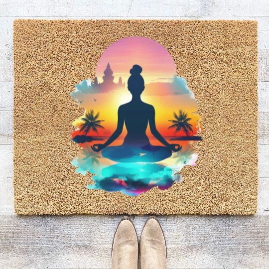 Sunset Yoga Silhouette Tropical Escape Coir Doormats