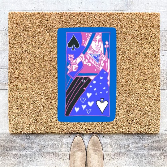 Blue Queen Of Spades Playing Card Coir Doormats