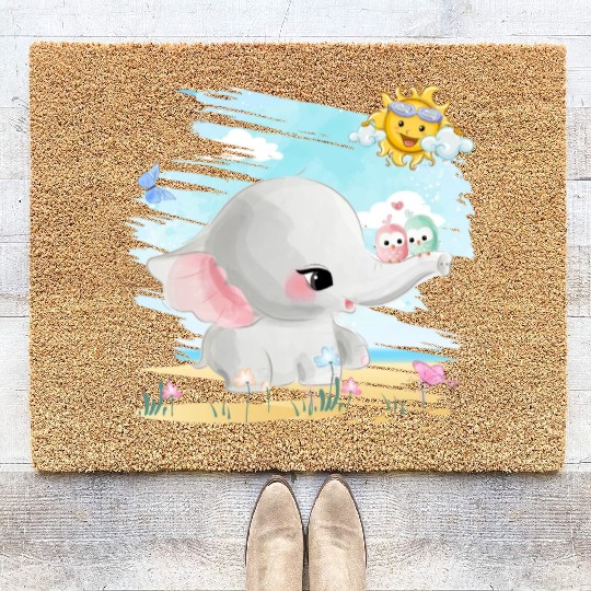 Elephant Walking At Beach With 2 Birds Friends Coir Doormats