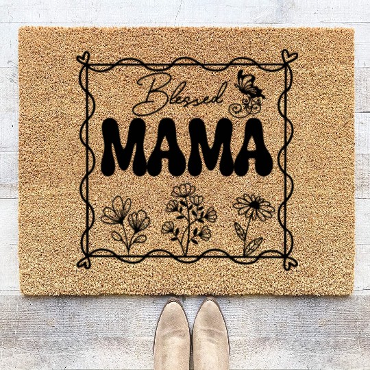 Blessed MAMA square with simple wild flowers Coir Doormats