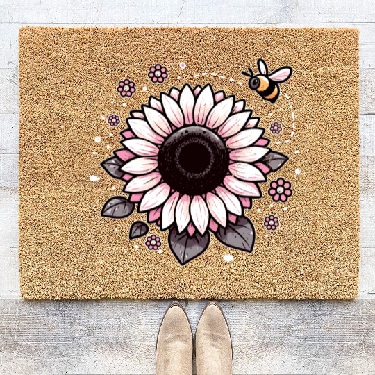 Cute Pink Sunflower Bee Floral flower Coir Doormats