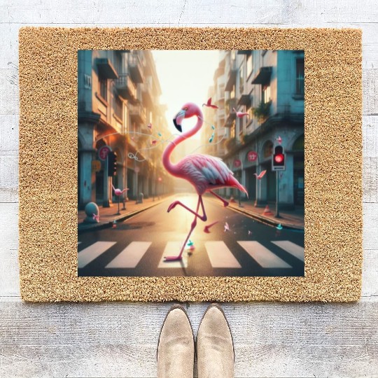 A beautiful flamingo is listening to music. Coir Doormats