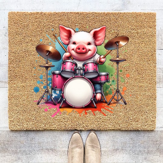 Watercolor Pig Drummer Farm Design Coir Doormats