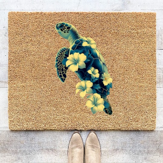 Nature Inspired Floral Sea Turtle with Tropical Fl Coir Doormats