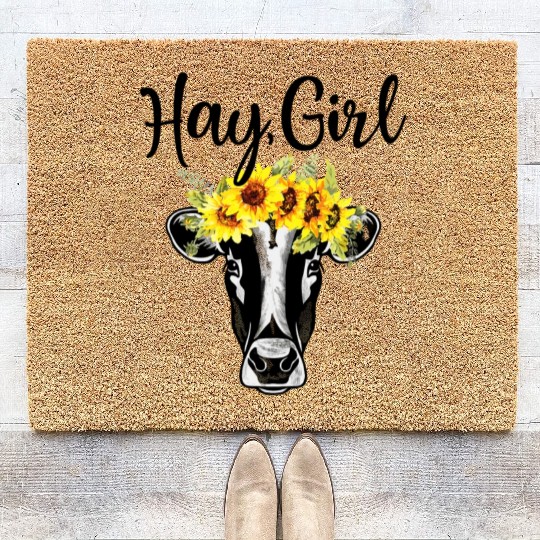 Hay Girl Funny Cow Farm Sunflower Heifer Coir Doormats
