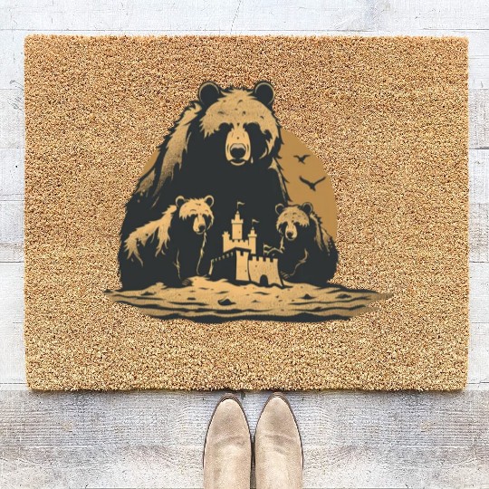 Momma Bear and Two Bear Cubs Building a Sand Castl Coir Doormats