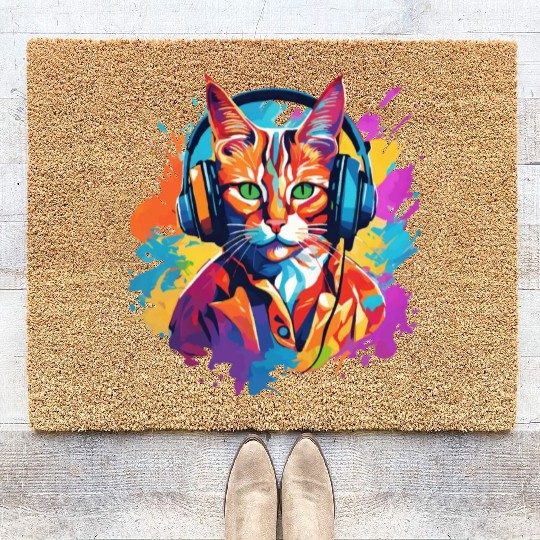 Cat in headphones Coir Doormats