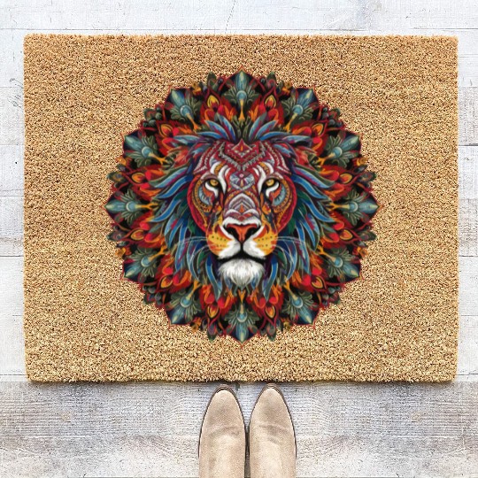 Colorful Lion Mandala Majesty Artistic Creation Coir Doormats