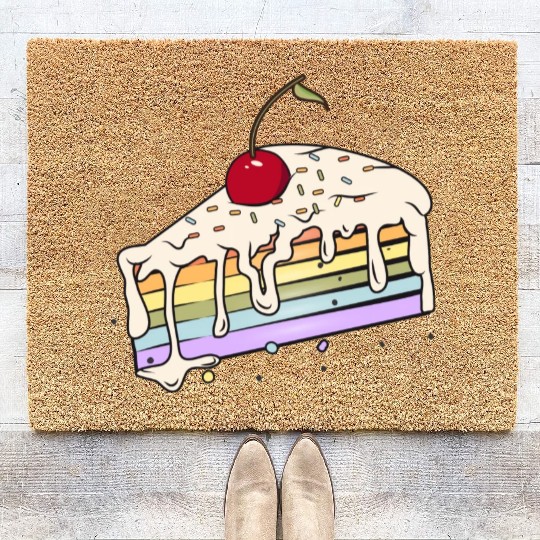 Piece of rainbow cake with cherry in comic style Coir Doormats