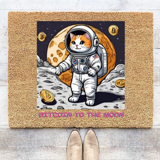 Bitcoin to the moon cat Coir Doormats