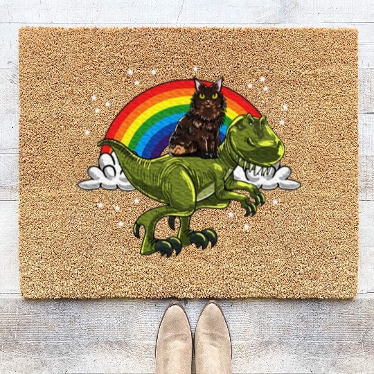 T Rex Dino Maine Cat Rainbow Feline Cat Lover Coir Doormats