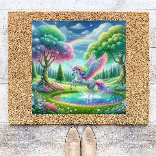 Enchanted Rainbow Unicorn Over Sparkling Pond Coir Doormats