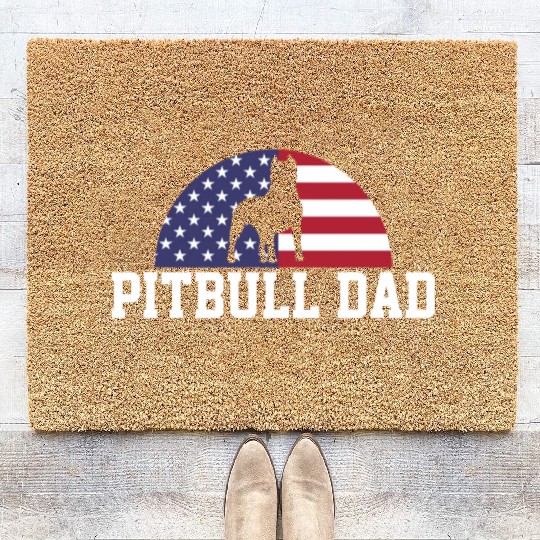 Pitbull Dad Embracing USA Flag Merica Pride Art Coir Doormats