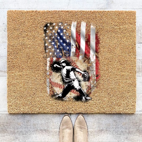 Patriotic American Flag Baseball Pitcher Coir Doormats