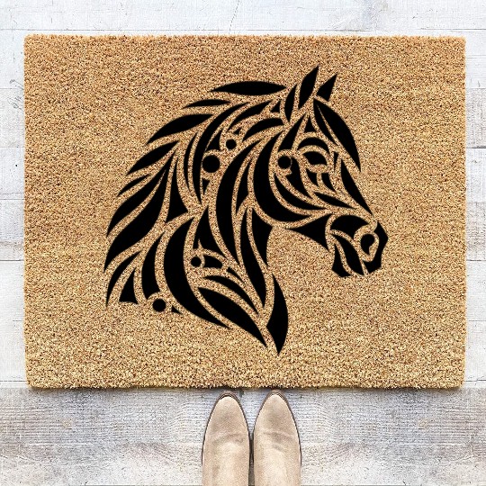 Elegant Tribal Horse Head Portrait Pony Tattoo Coir Doormats