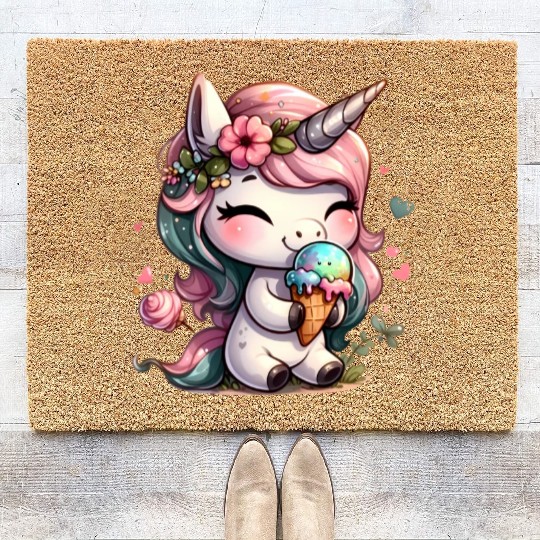 Chibi Unicorn Eating Ice Cream Coir Doormats